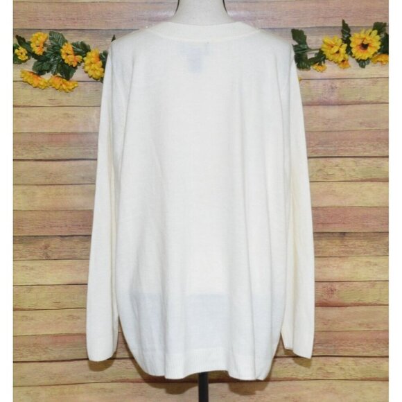 Allegra Ladies 2X Neutral Cream V-Neck Sweater Faux Pearl & Beaded Trim Holidays - Picture 6 of 8